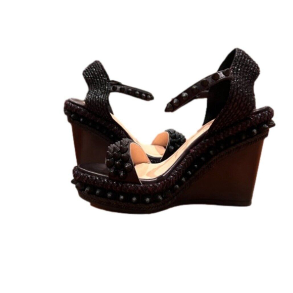 Christian Louboutin $745 Lata 110 Calf Black Spiked Wedges Red Bottoms Size 36 - Picture 5 of 9